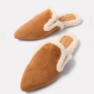 Splendid Tan Suede Pointed Mule Slippers with Cream Shearling Trim